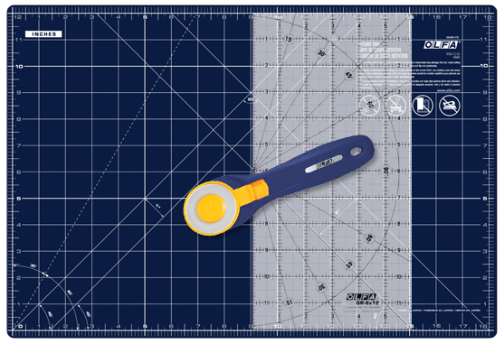 Rotary Essentials Kit (navy) contents - mat, cutter, ruler