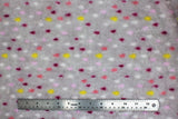 Flat swatch (side 2) Nimbus fabric (grey fabric with white, pink, purple and yellow raindrops scattered)