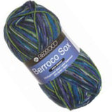 Ball of Berroco Sox yarn (blue, purple, green colourway)