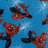 Square swatch Marvel themed fabric (medium blue fabric with leaping spiderman and white webs)