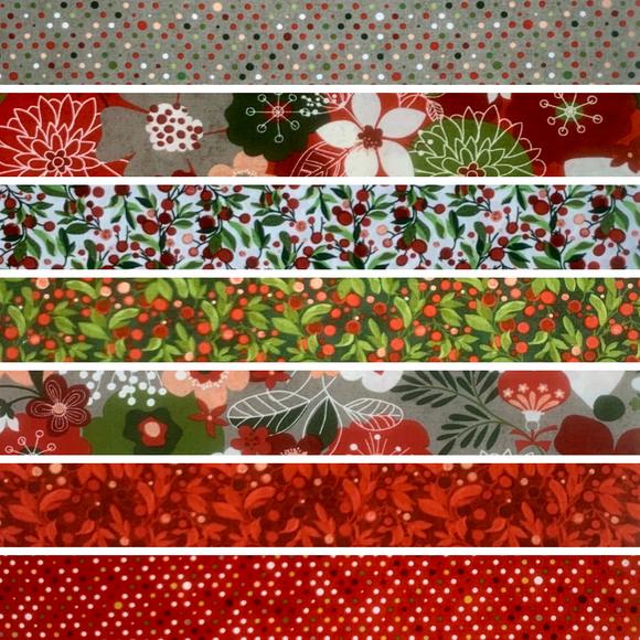 Group swatch assorted Hustle and Bustle christmas themed fabrics in various styles/colours