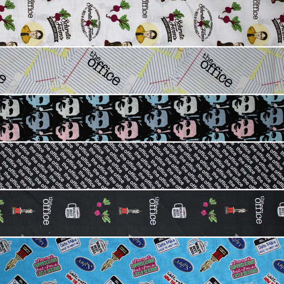 Group swatch assorted 'The Office' themed fabrics in various styles/colours