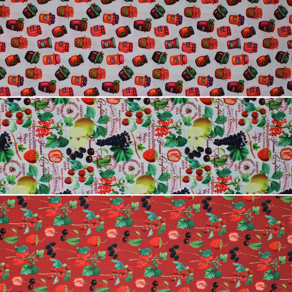 Group swatch assorted Berries themed fabrics in various styles/colours