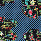 Square swatch Folk Heart - Fortune fabric (blue and black checkered fabric with tossed black hands palm up in illustrative style with colourful outlines and doodles within floral and insects and eyes)