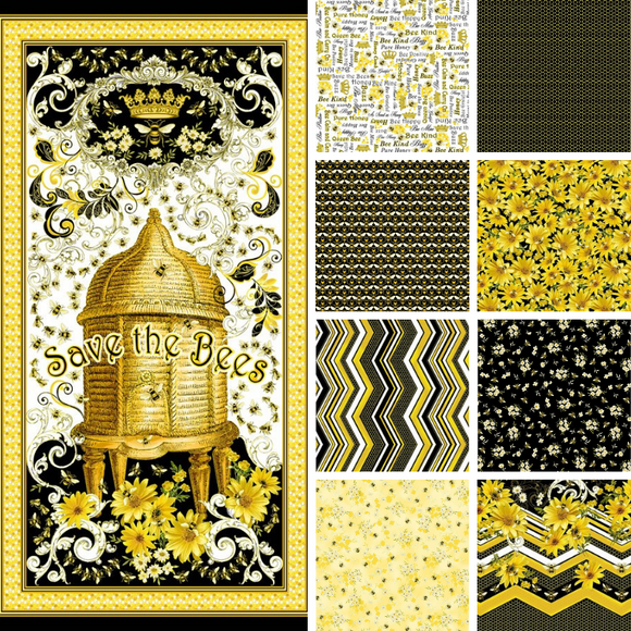 Group swatch assorted Buzzworthy themed fabrics in various styles/colours