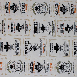Square swatch Wanted Dead or Alive fabric (cream fabric with vintage style "Wanted" posters with cowboy skeletons, guns, rewards, etc.) 