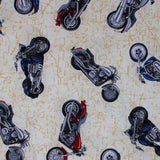 Square swatch Motorcycles fabric (off white fabric with subtle tan map lines/look throughout and tossed full colour motorcycles)
