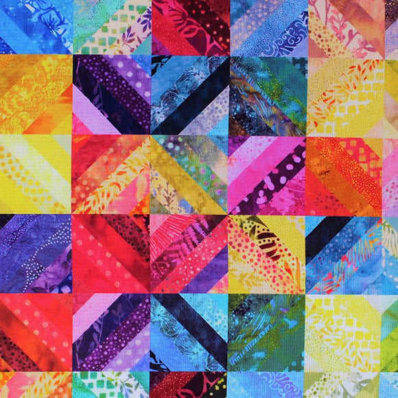 Square swatch Hoffman Wave: Rainbow fabric (rainbow coloured fabrics in quilt squares/patchwork design allover)