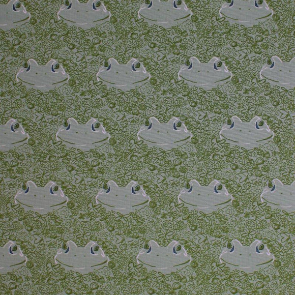 Square swatch Lilliput fabric (pale green fabric with spaced smiling frog heads and tossed dark green doodles allover: floral, bugs, leaves, etc.)