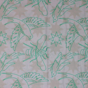 Square swatch Sun Print Luminance Flourish: Birds & Bugs fabric (white fabric with faint pink badge look stars allover and thin green outline drawings of birds and insects allover with tossed outline stars)