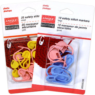 Group swatch plastic safety stitch markers in packaging (various styles)