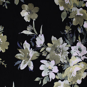 Square swatch Floral fabric (black fabric with large tossed floral heads and stems/greenery in white, grey, pale greens and blue shades)