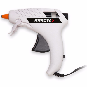 White glue gun with black cord and trigger and orange nozzle.  Black band with brand logo for ARROW across the body just below the glue chamber