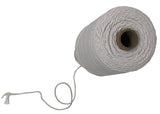 A top view of a large spool of white elastic twine with some of the twine unwound to give an idea of thickness