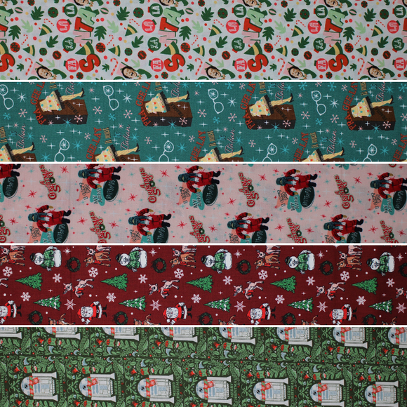 Group swatch assorted Character Winter Holiday III themed fabrics in various styles/colours