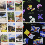 Group swatch assorted Canadian Road Trip themed fabrics in various styles/colours