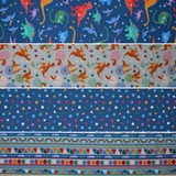 Group swatch assorted Rainbow Dino themed fabrics in various styles/colours