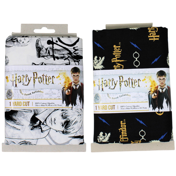 Group swatch 1 Yard Pre-Cut Harry Potter Fabrics in various styles in packaging on white background