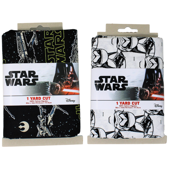 Group swatch assorted 1 Yard Pre-Cut Star Wars Fabrics in packaging on white background