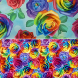 Group swatch assorted Rainbow Rose themed fabrics in various styles/colours