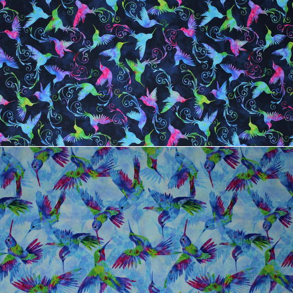Group swatch assorted Hummingbird Heaven themed fabrics in various styles/colours