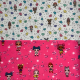 Group swatch assorted LOL Surprise themed fabrics in various styles/colours