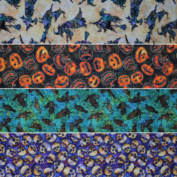 Group swatch assorted Wicked themed fabrics in various styles/colours