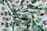 Swirled swatch Patio Sprout fabric (white and pale green marbled look fabric with tossed full colour potted and assorted house plants allover in various styles)