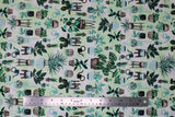 Flat swatch Patio Sprout fabric (white and pale green marbled look fabric with tossed full colour potted and assorted house plants allover in various styles)