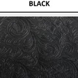 Floral design embossed vinyl swatch in shade black with label