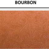 Floral design embossed vinyl swatch in shade bourbon (light golden brown) with label