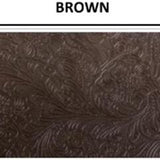 Floral design embossed vinyl swatch in shade brown (dark) with label