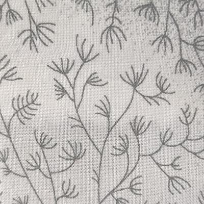 Square swatch wideback material in white shade with grey branch like greenery pattern