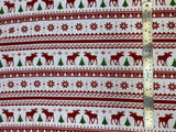 Flat swatch winter themed flannel in Moose and Tree stripes (Christmas sweater look stripes with red deer and green trees on white)