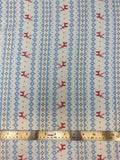 Flat swatch winter themed flannel in Deer lighter blue stripes (small print Christmas sweater look stripes with red deer pattern on white)