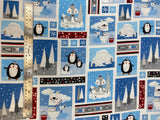 Flat swatch winter themed flannel in Winter buddies (penguin, polar bear, fox and fish square labels on blue)