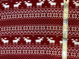 Flat swatch winter themed flannel in Moose stripes (Christmas sweater look stripes with white pixel moose on red)