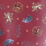 Square swatch Game of Thrones themed fabric (wine red fabric with show name and house emblems tossed)