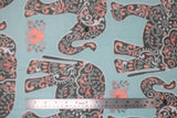 Flat swatch patterned elephants fabric (light baby blue fabric with dark grey elephants with grey, blue, and pink paisley look pattern within and tossed floral appliques)