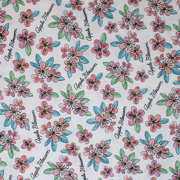 Square swatch Apple Blossom fabric (white fabric with tossed drawn style floral heads in pale red and pink with green and blue leaves and tossed 