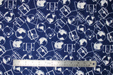 Flat swatch Around the World fabric (dark blue fabric with white suitcase outlines and planet earth's with dotted directional lines connecting all in busy collage style)