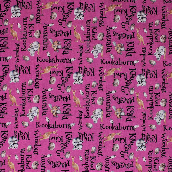 Square swatch Australia fabric (magenta fabric with busy tossed black text allover reading Australian creature names 