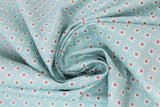 Swirled swatch dots fabric (turquoise/teal fabric with small bronze dots with white outlines and faint dotted circle outlines around each dot overlapping allover)