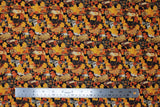 Flat swatch Fall Puppies fabric (black fabric with busy tossed realistic look dogs allover in various breeds and tossed orange and yellow fall leaves)