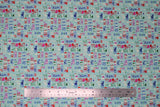 Flat swatch make today awesome fabric (pale light blue/green fabric with text allover going horizontally and vertically, in white, blue, red, purple and green with inspirational text including "make today awesome")