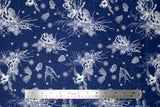 Flat swatch winter printed fabric in Swallows & Pinecones on Navy