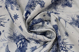 Swirled swatch winter printed fabric in Swallows & Pinecones on Navy