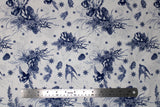 Flat swatch winter printed fabric in Swallows & Pinecones on White