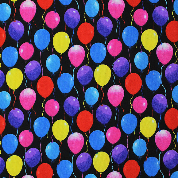 Square swatch Balloons fabric (black fabric with coloured balloons allover in blue, purple, pink, red, yellow with multicoloured strings)
