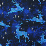 Square swatch Blue Reindeer fabric (dark blue marbled look fabric with tossed light blue marbled reindeer in various poses and tossed sparkly silver metallic effect stars)